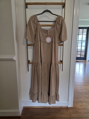 Umgee Tan Puff Sleeve Button-Front Tiered Dress
